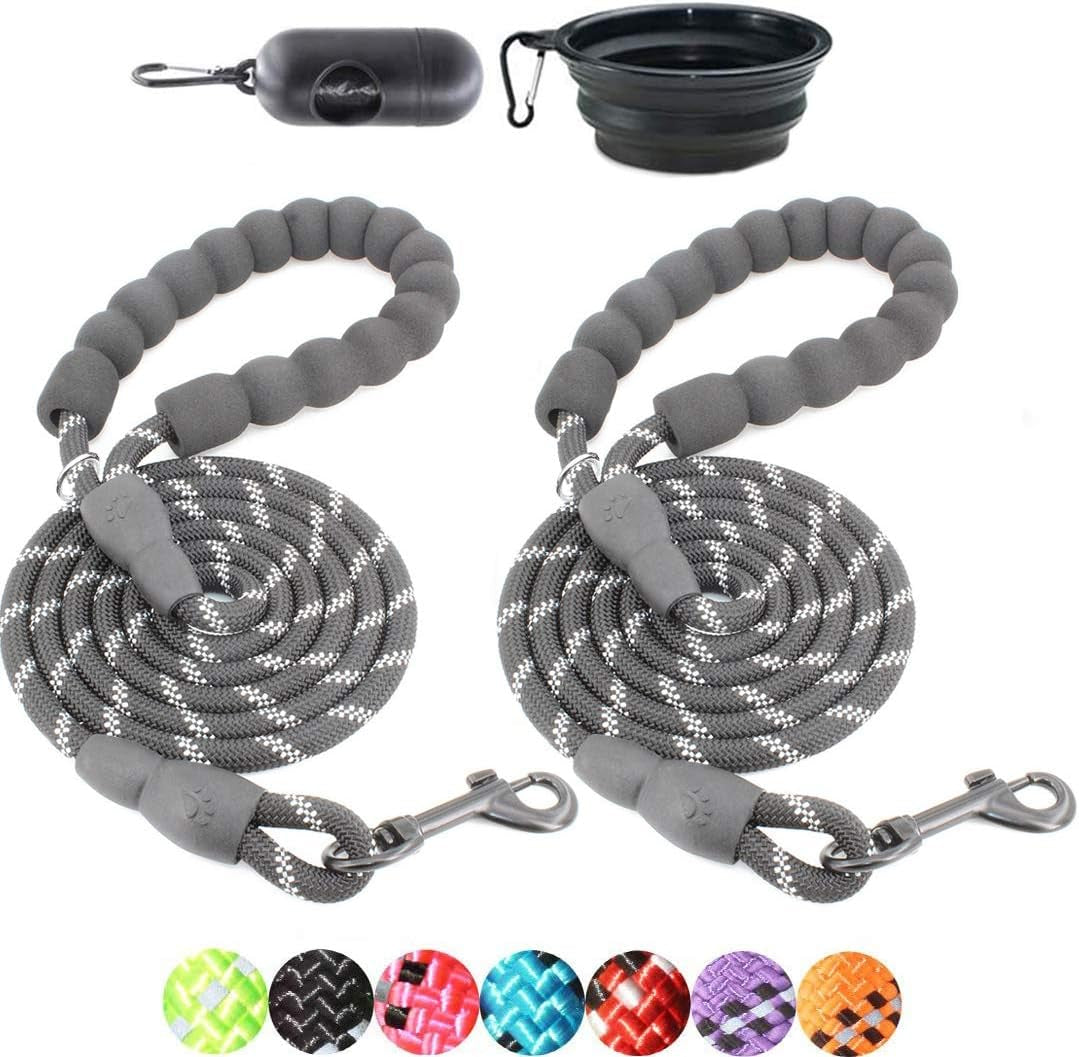 2 Packs 5/6 FT Dog Leash with Comfortable Padded Handle and Highly Reflective Threads Dog Leashes for Small Medium and Large Dogs (5FT-1/2'', Black+Black)