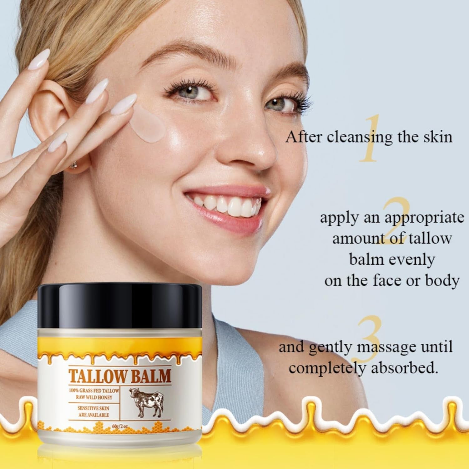 Tallow and Honey Balm, Beef Tallow for Skin, Natural Grass Fed Beef Tallow & Raw Wild Honey Balm, All-Natural Moisturizer for Face & Body, Tallow Balm for Skin Hydration, 2Oz (Honey, 1 Bottle)