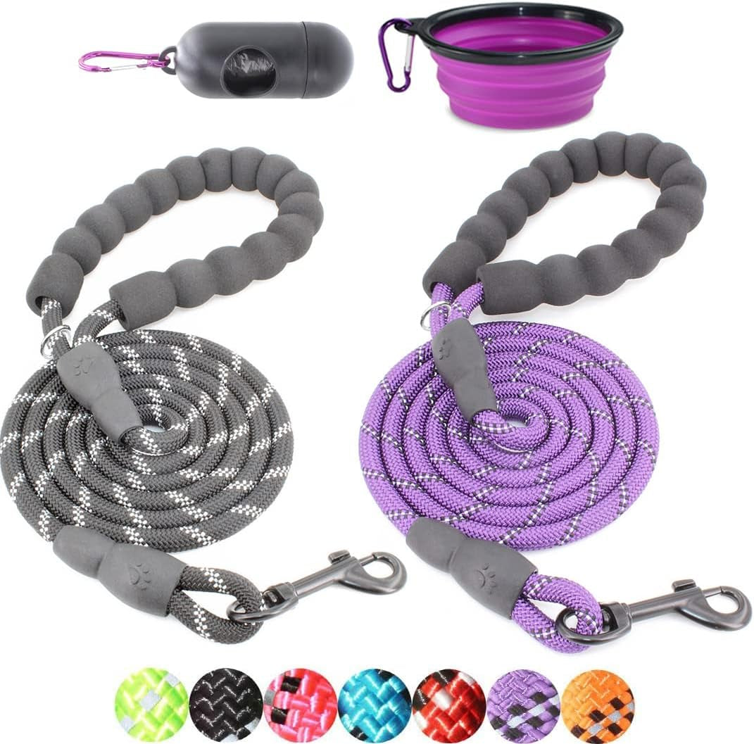 2 Packs 5/6 FT Dog Leash with Comfortable Padded Handle and Highly Reflective Threads Dog Leashes for Small Medium and Large Dogs (5FT-1/2'', Black+Black)